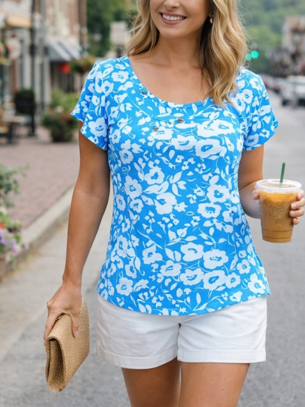 Rafella Short Sleeve Turquoise and White Top Cotton Button Embellishment XL